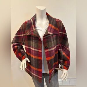 Talbots Wool Blend Multicolor Orange, Burgundy & Brown Plaid Coat Size 10
